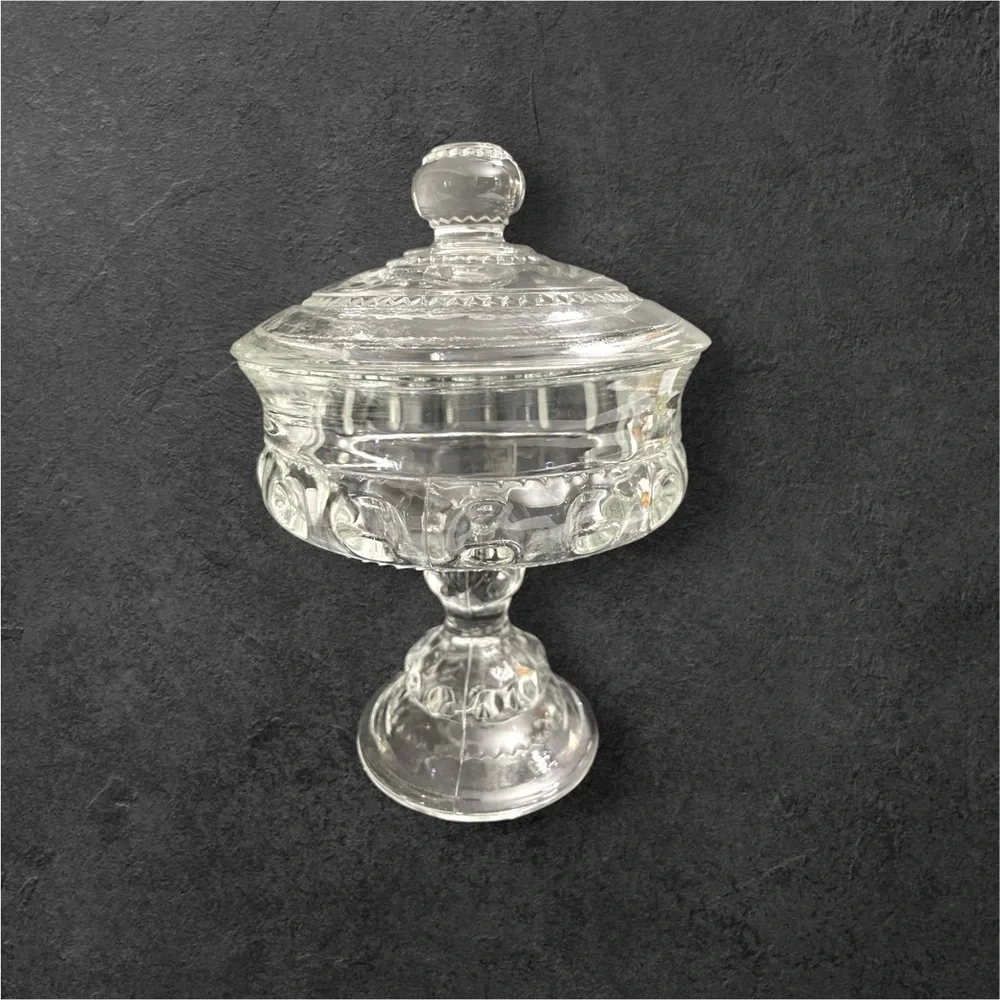 Vintage Indiana Clear Pressed Glass Lidded Pedestal Candy Dish Compote 7.5